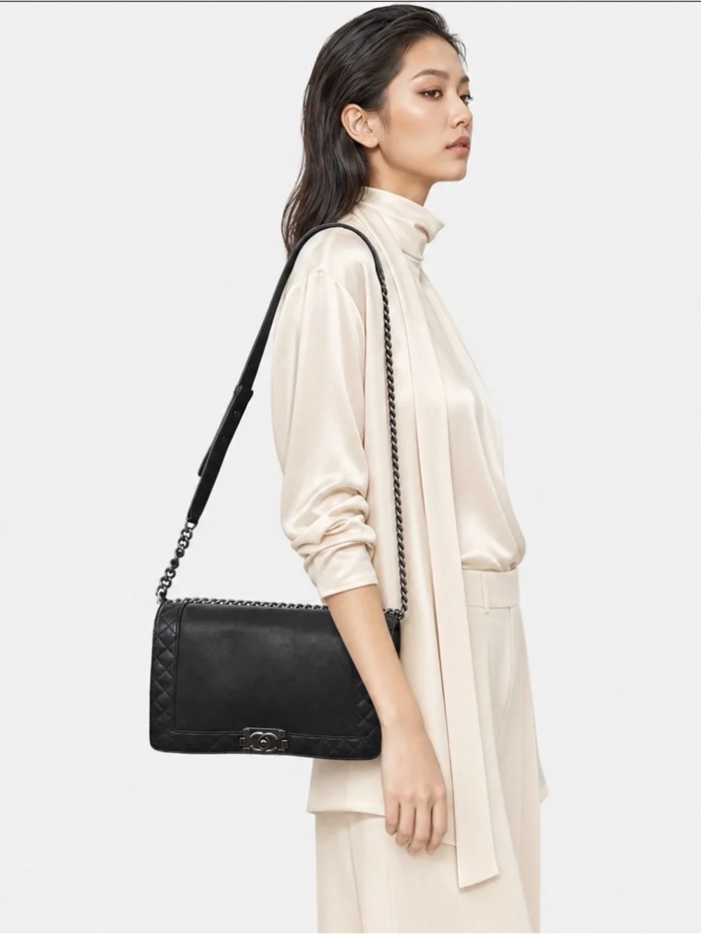 CHANEL Black Quilted & Smooth Leather Shoulder Bag with Silver-Tone CC Lock